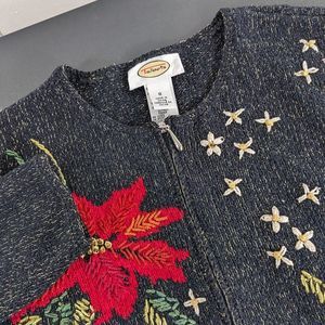 Talbots Women's S Small Long Sleeve‎ Full Zip Glitter Black Embroidered Sweater